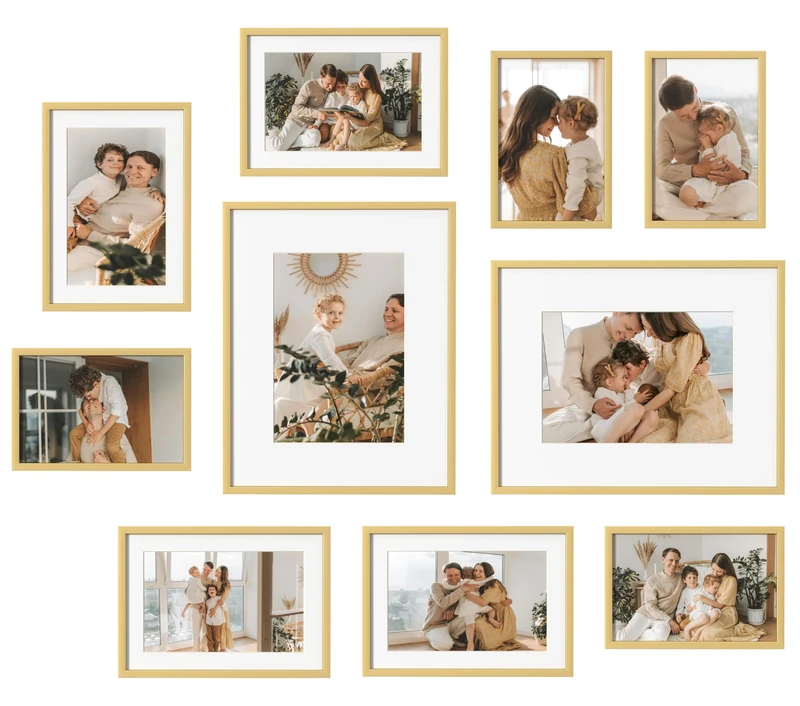 eletecpro Aluminum Gallery Wall Frame Set of 10, Including 2Pcs 8x10, 4Pcs 5x7, 4Pcs 4x6 Photo Frames for Wall or Tabletop Display, Multiple Sizes Picture Frames Collage Wall Decor, Gold