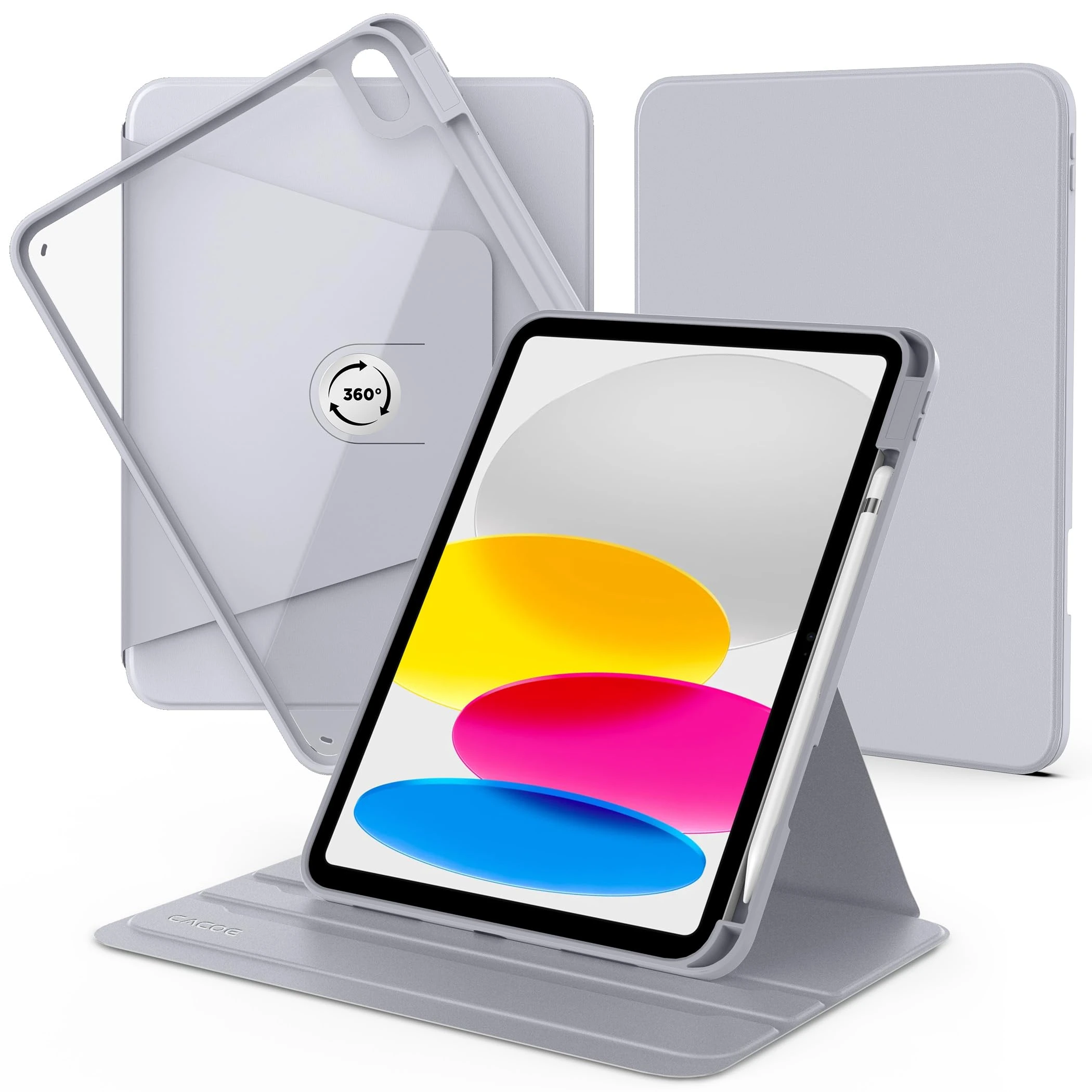 CACOE 360 Rotating Case for iPad (A16) 11th/10th Generation with Pencil Holder 2025/2022 11/10.9 inch, Shockproof Cover for iPad 11/10 Gen with Stand, Grey
