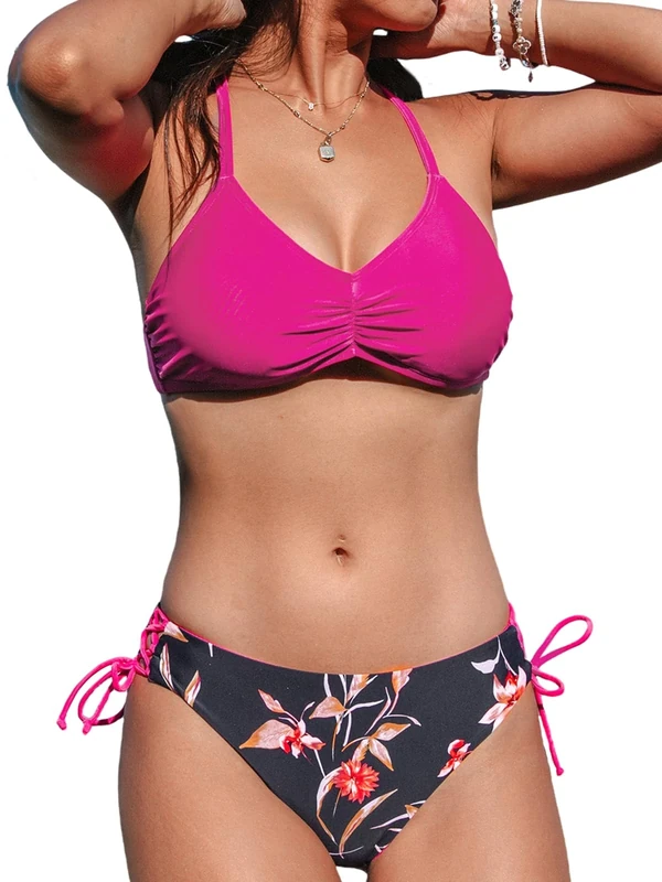 CUPSHE Women's Bikini Set Back Braided Straps Lace Up Bikini Reversible Bottom Two Piece Swimwear Bathing Suits Magenta/Red Floral S