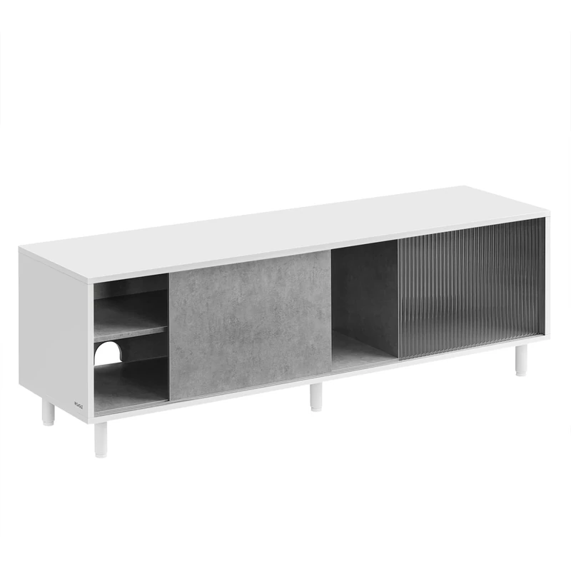 VASAGLE Superfast Toolless Assembly, TV Stand for up to 60 Inch TV, TV Cabinet for Living Room, TV Unit, Fluted Glass, Modern, 140 x 39 x 45 cm, Cloud White and Concrete Grey LTV466W03