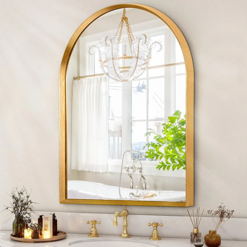 HLFMVWE Arched Mirrors for Wall, White Bathroom Mirror Brushed Metal Vanity Wall Mounted Mirror for LivingRoom Bedroom Entryway Room Vanity Home Decor 26"x18"