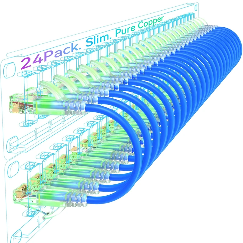 Sokqovt Cat6a Patch Cables Slim 2ft (24 Pack), Flexible Cat6 Ethernet Cable 10G 550MHZ, 28AWG Pure Copper Cat6 for Network Cabinet, Blue