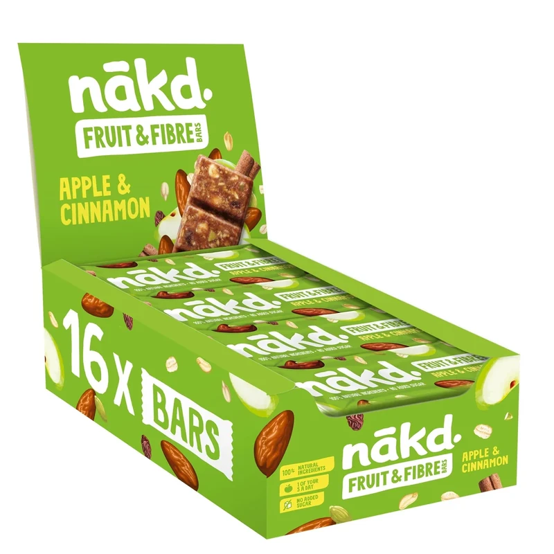 Nakd Apple & Cinnamon Fruit & Fibre Bar - Vegan - Gluten Free - Healthy Snack, 44g (Pack of 16 bars)