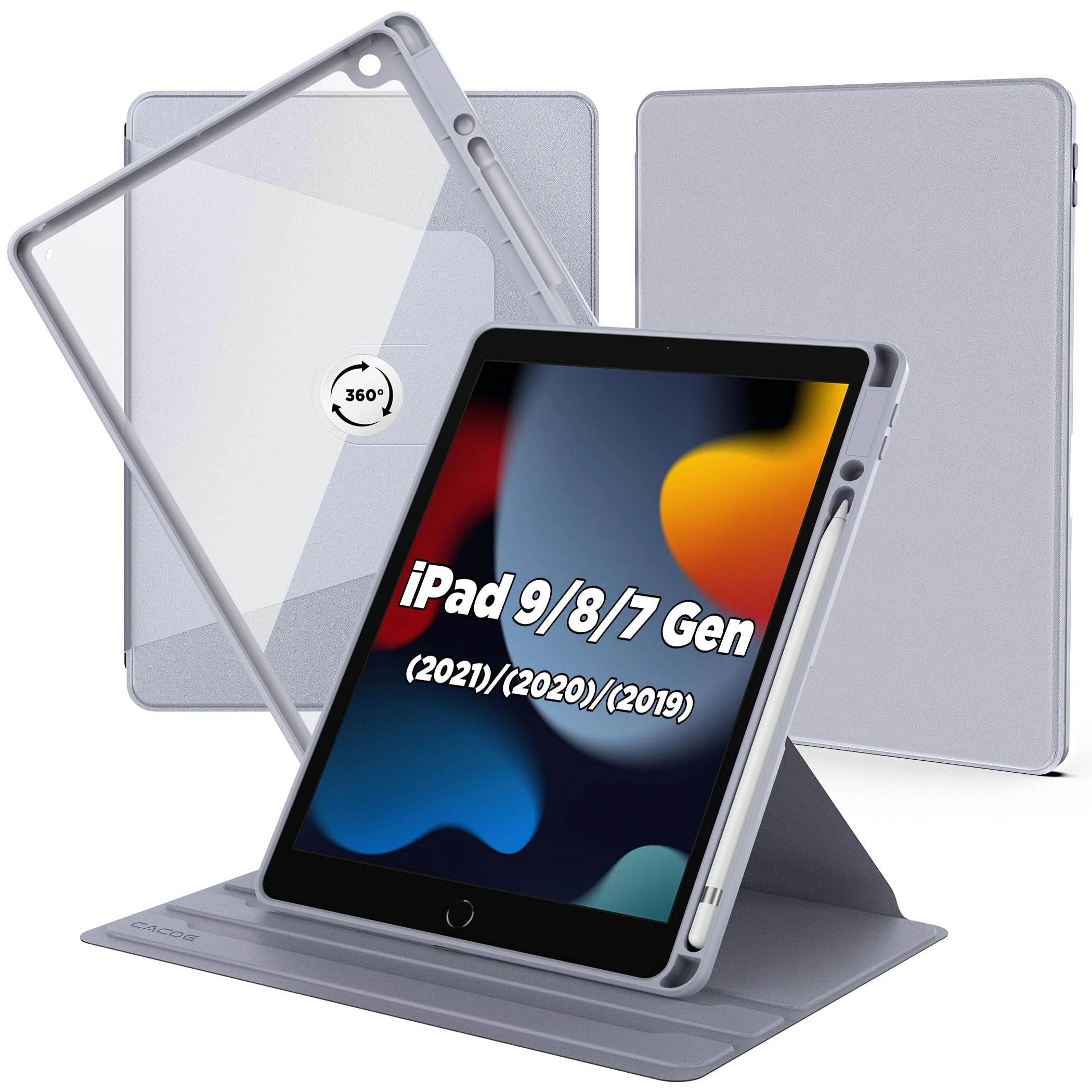 CACOE Case for iPad 9th/8th/7th Generation with Pencil Holder 2021/2020/2019 10.2 inch, 360 Rotating Stand Shockproof Cover for iPad 9/8/7 Gen, Grey