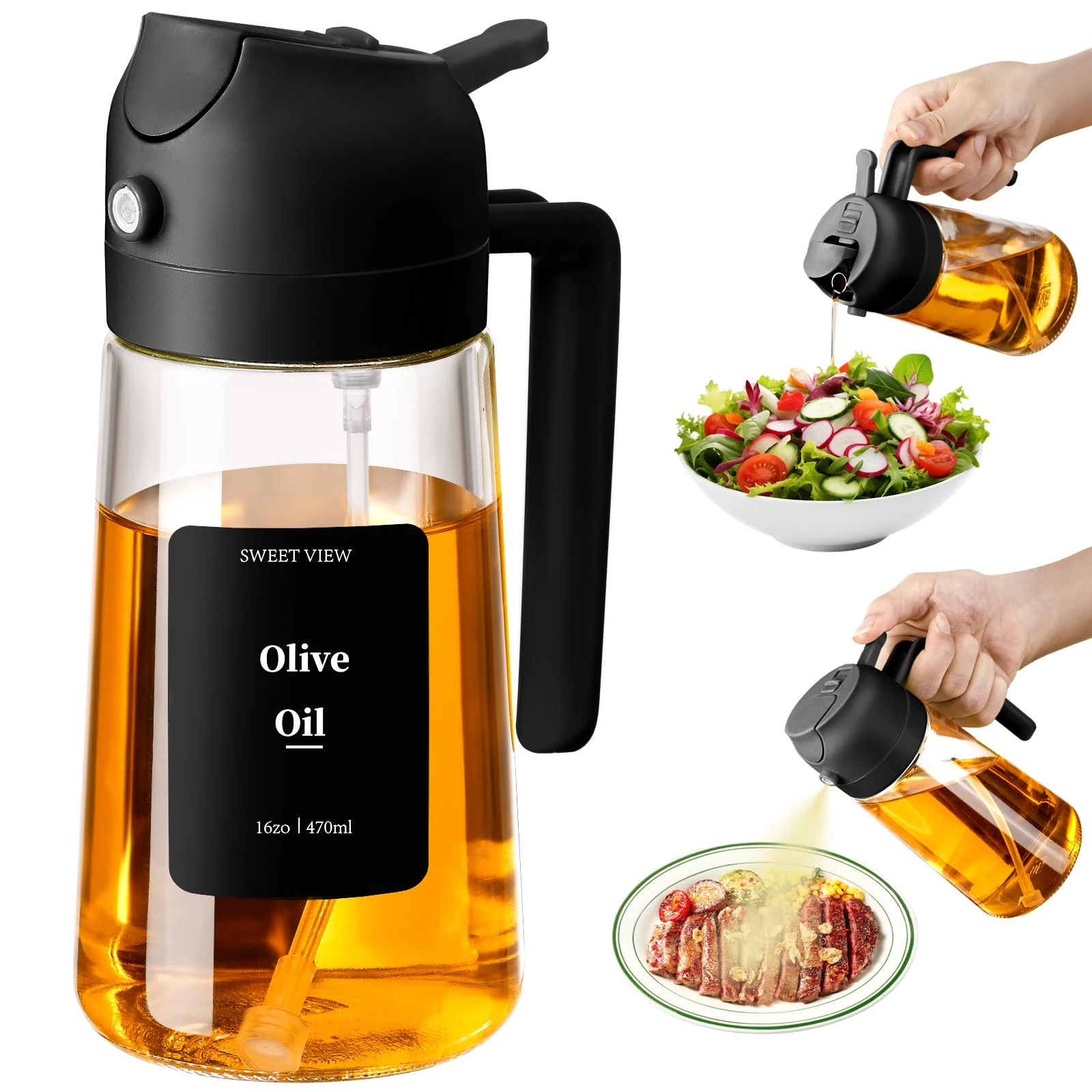 SWEET VIEW Olive Oil Spray Bottle, 470ml 2 In 1 Glass Oil Dispenser/Pour & Sprayr Bottle, Kitchen Accessories, Kitchen Gadgets for Air Fryer, Salad, BBQ(Black)