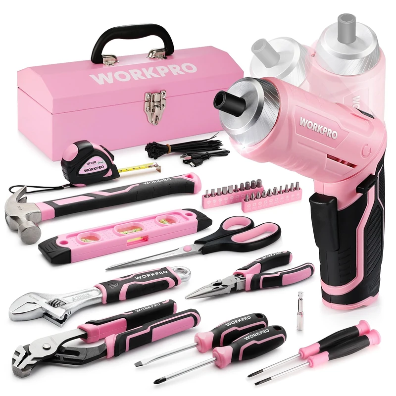 WORKPRO 73-Piece Tool Set With Cordless 3.7V Screwdriver, Pink Kit With Suitcase for Home, Durable, Long Lasting, Perfect for DIY, Home Repair