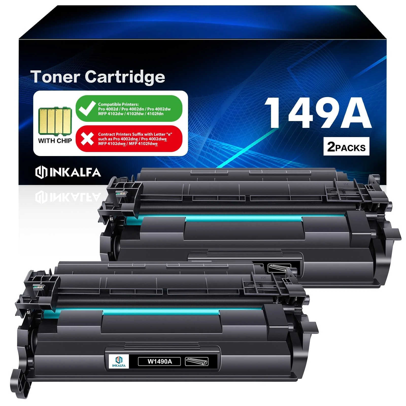 149A W1490A (With Chip) Toner Cartridge Compatible for HP 149A 149X W1490A W1490X Toner Pro 4002dn 4002d 4002dw 4002 MFP 4102fdw 4102dw 4102fdn 4102 Black, 2-Pack