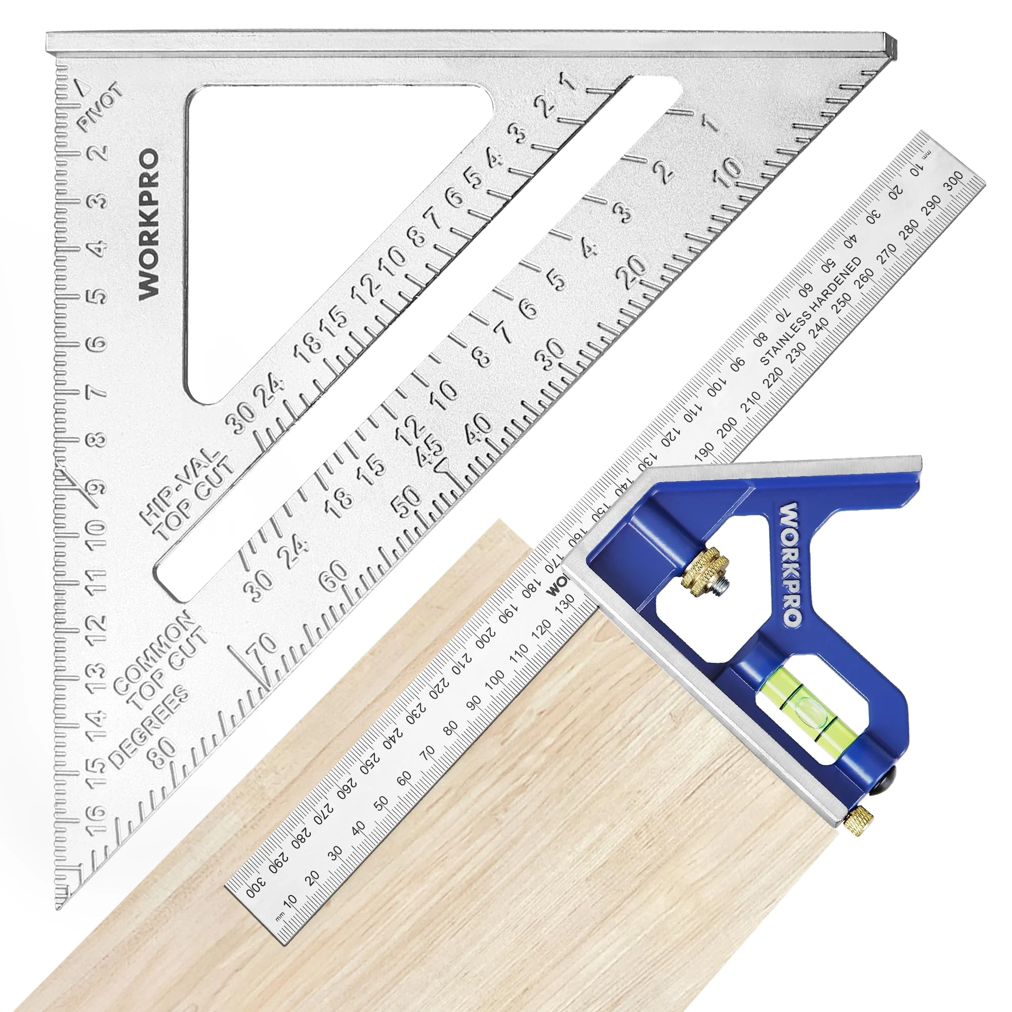 WORKPRO 180mm Speed Square and 300mm Combination Square Set, Aluminum Speed Square, Stainless Steel Combination Square, Adjustable Carpentry Square, Measuring Tool for Engineer Carpenter