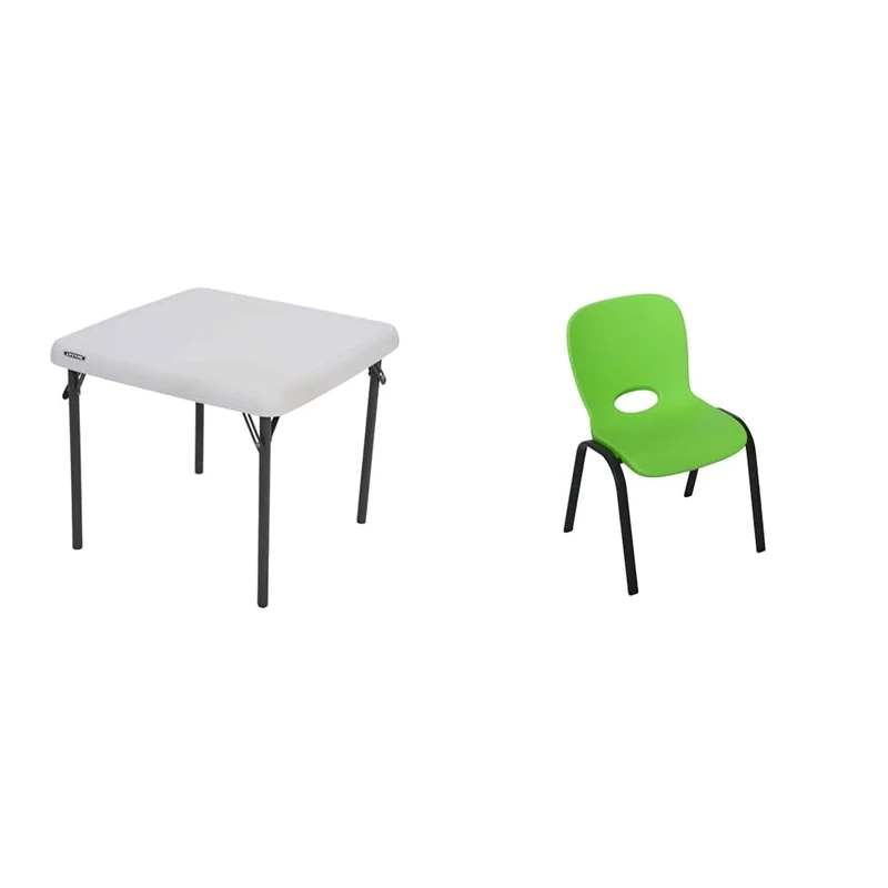 LIFETIME 80425 24 in x 24 in (61 cm x 61 cm) Children's Square Folding Table - Almond + 80473 Children Chair - Lime Green (4-Piece), 38.2 x 36.8 x 59.8 cm