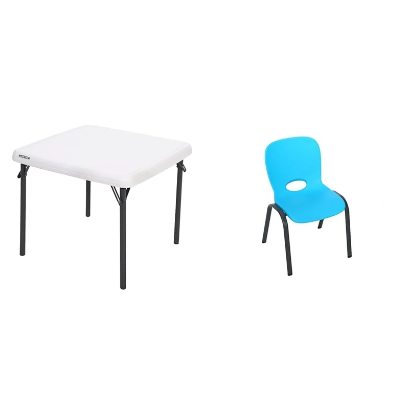 LIFETIME 80425 24 in x 24 in (61 cm x 61 cm) Children's Square Folding Table - Almond + Childrens Essential Stacking Chair - 4 Pack