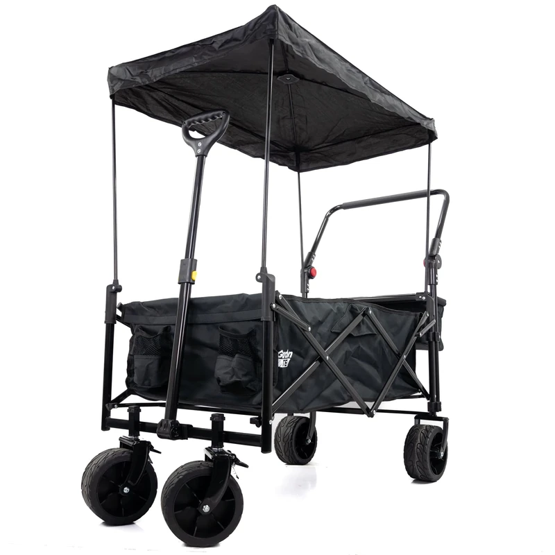 GardenTek Folding Trolley Cart on Wheels, Festival Wagon for Camping Garden Beach Shopping Outdoor with Brakes, Canopy and Side Box 100kg Load 120L Capacity