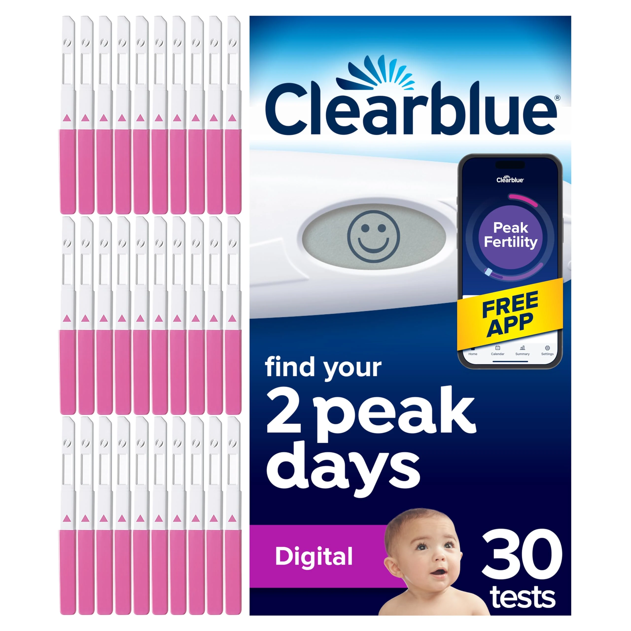 Clearblue Digital Ovulation Test Kit (OPK), Find Your 2 Peak Days, 1 Digital Holder And 30 Tests, Try The FREE Clearblue Period & Cycle Tracker App