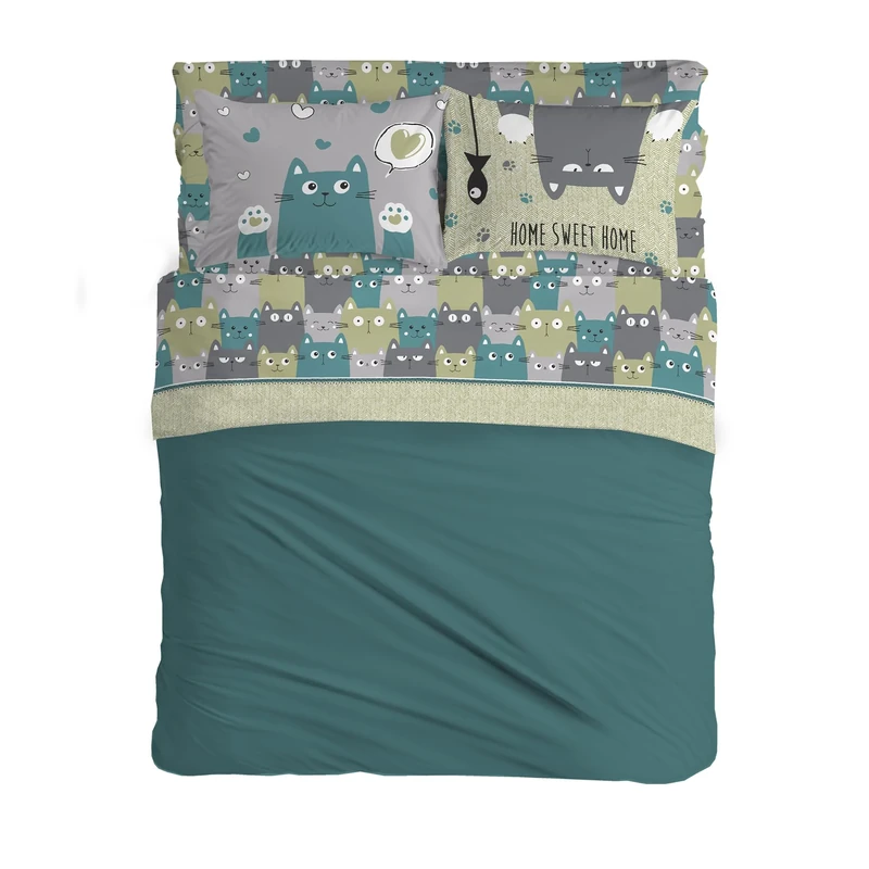 PENSIERI DELICATI Complete Double Bed Set 100% Cotton, Double Bed Sheet Set, 180 x 200 cm, Including Bottom Sheet, Top Sheet and 2 Pillowcases, Made in Italy, Happycat Green Pattern
