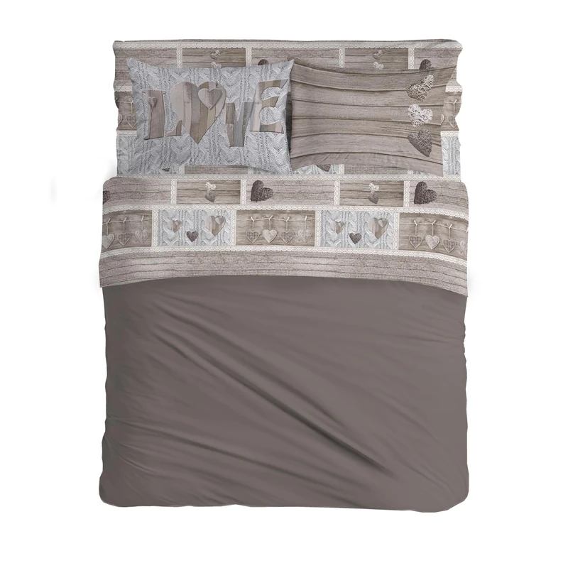 PENSIERI DELICATI Double Bed Set 100% Cotton, Complete Double Bed Sheet Set, 180 x 200 cm, Including Bottom Sheet, Top and 2 Pillowcases, Made in Italy, Shabby in Love Beige Design