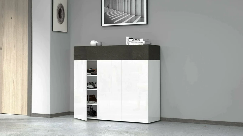 Dmora Nick Shoe Rack, Space-Saving Shoe Rack with 4 Doors, Multifunctional Entrance Cabinet, 114 x 38 x 100 cm, White and Slate