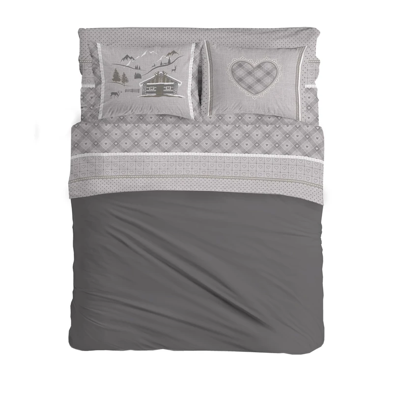 PENSIERI DELICATI Double Bed Set 100% Cotton, Complete Double Bed Sheet Set, 180 x 200 cm, Including Bottom Sheet, Top Sheet and 2 Pillowcases, Made in Italy, Beige Chalet Design