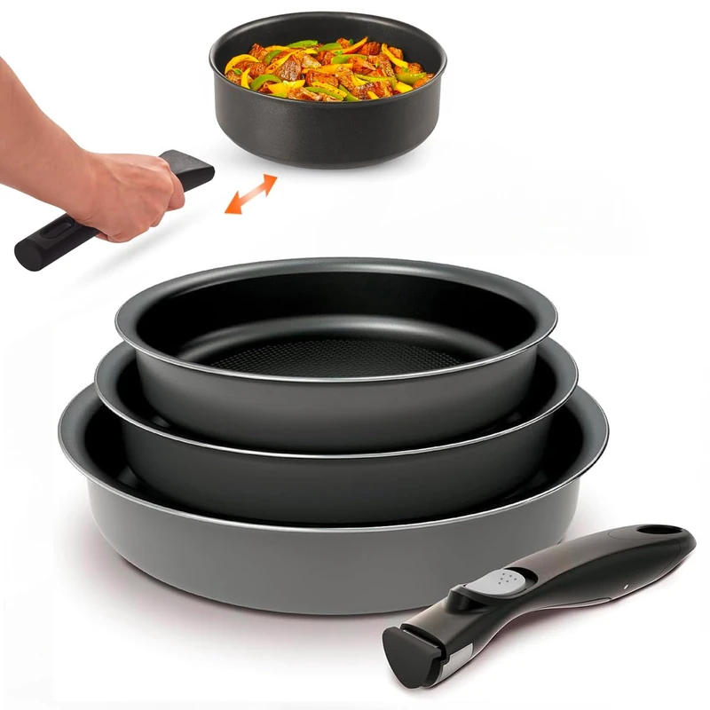 Avilia Set of 3 Induction Frying Pans with Removable Handle, 20 – 24 – 28 cm – Non-Stick Coating 5 Layers, Dishwasher Safe, Oven Safe up to 250 °C