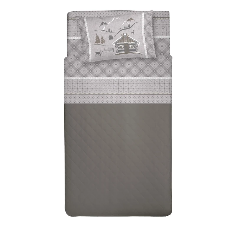 PENSIERI DELICATI Single Bed Set, 100% Cotton, Single Bed Sheet Set, 90 x 200 cm, Including Bottom Sheet, Top Sheet and 1 Pillow Case, Made in Italy, Beige Chalet Design