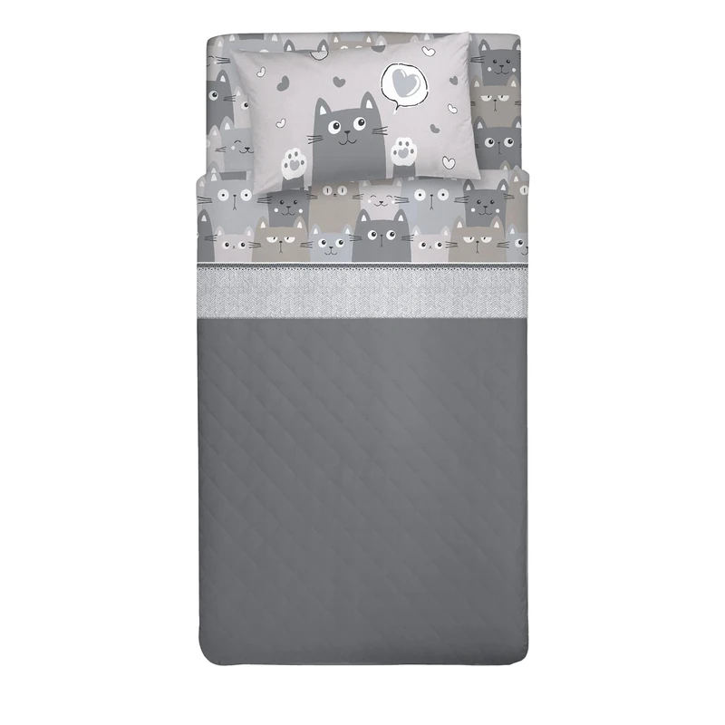 PENSIERI DELICATI Single Bed Set, 100% Cotton, Single Bed Sheet Set, 90 x 200 cm, Including Bottom Sheet, Top Sheet and 1 Pillow Case, Made in Italy, Happycat Grey Design