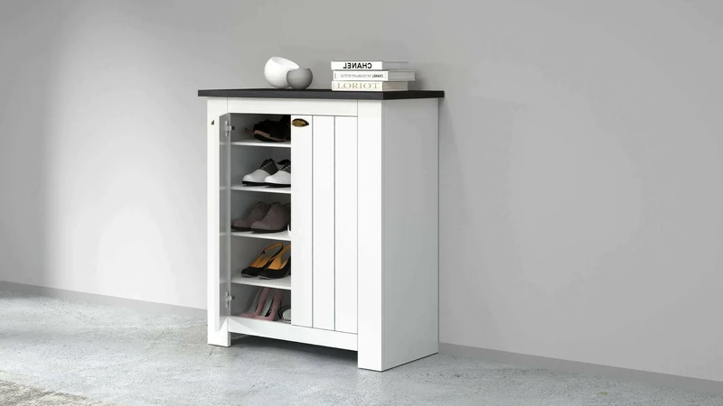 Dmora Tonio Shoe Rack, Space Saving Shoe Rack with 2 Doors, Multifunctional Entrance Cabinet, 84 x 42 x 100 cm, White and Slate