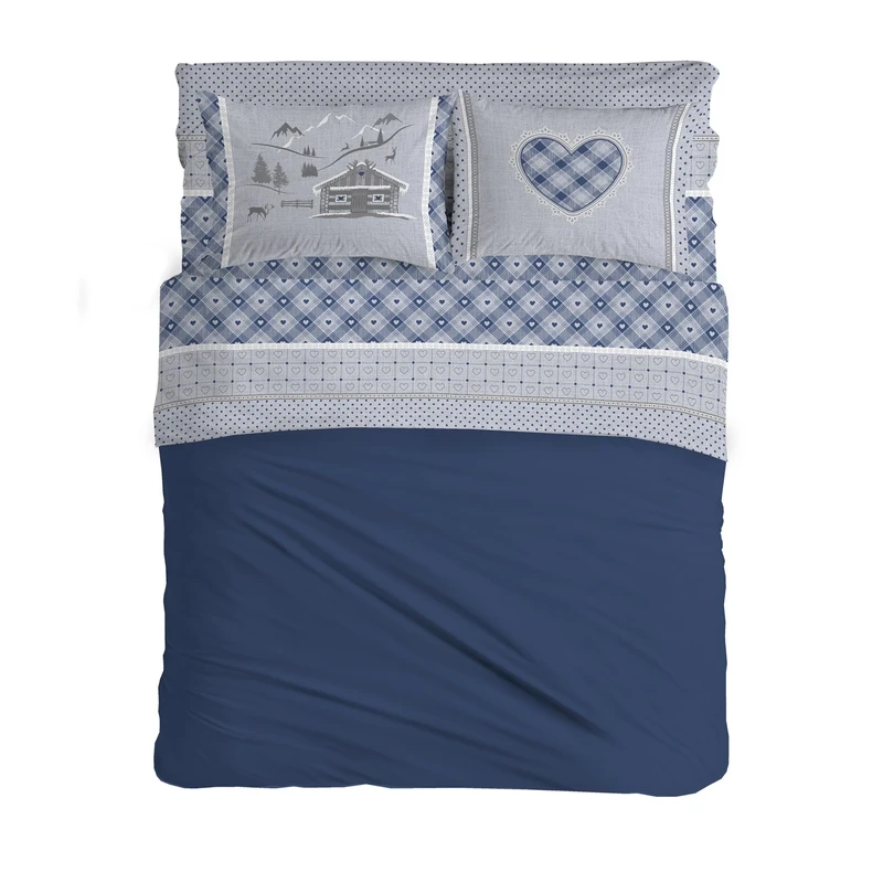 PENSIERI DELICATI Double Bed Set, 100% Cotton, Complete Double Bed Sheet Set, 180 x 200 cm, Including Bottom Sheet, Top and 2 Pillowcases, Made in Italy, Blue Chalet Design