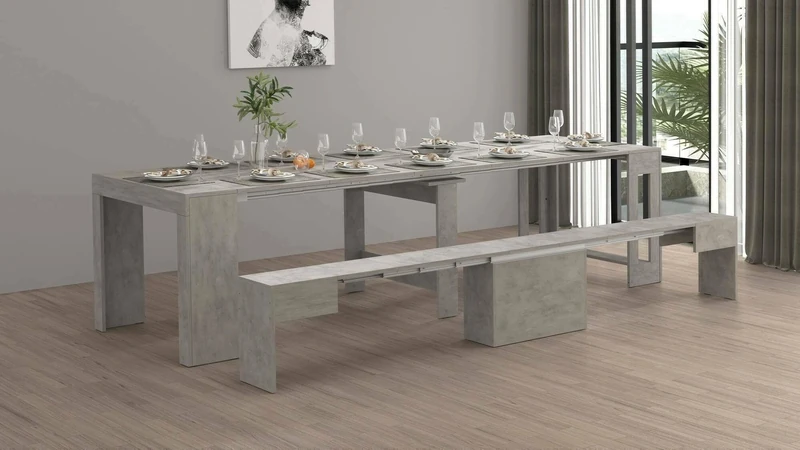 Dmora Crispin Table and Chairs, Multipurpose Composition, Set with Console and 1 Extendable Bench, 100% Made in Italy, 66 x 25 x 45 cm, Grey