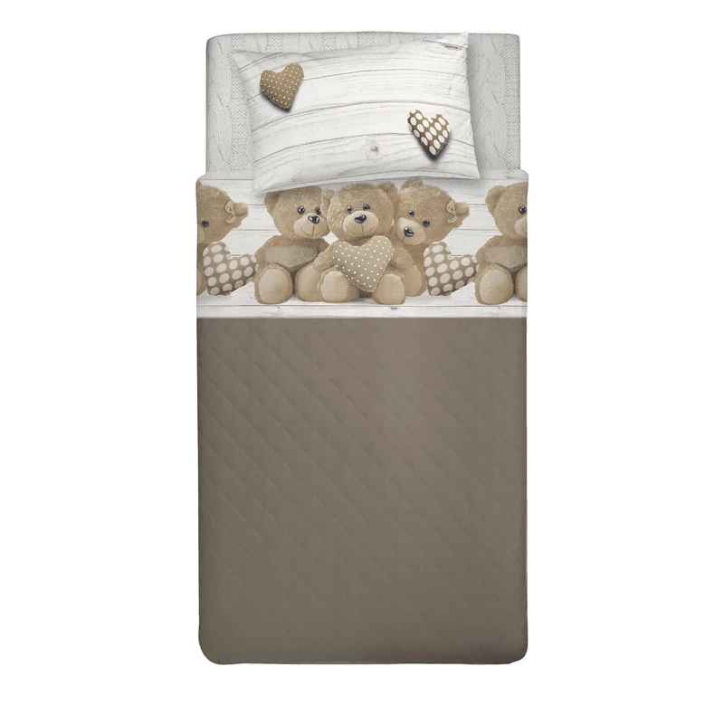 PENSIERI DELICATI Single Bed Set, 100% Cotton, Single Bed Sheet Set, 90 x 200 cm, Including Bottom Sheet, Top Sheet and 1 Pillow Case, Made in Italy, Beige Bears Design
