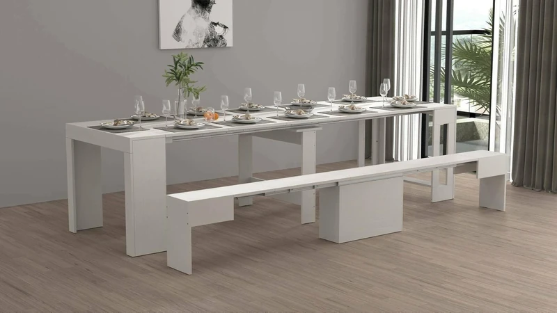 Dmora - Crispin table and chairs set, multi-purpose composition, Set with console and 1 extendable bench, 100% Made in Italy, 66 x 25 x 45 cm, White