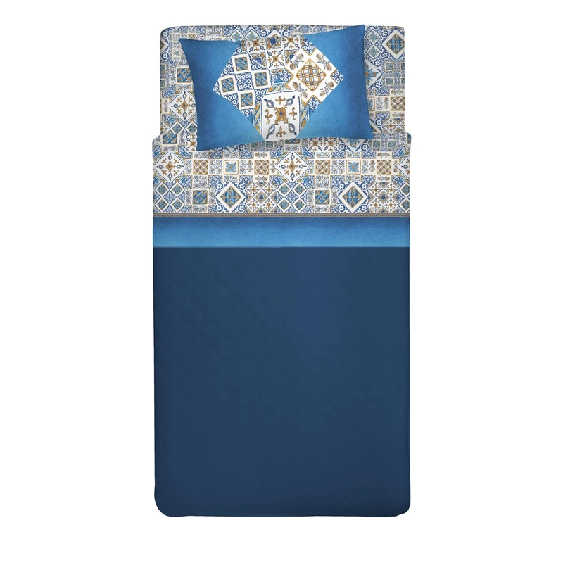 PENSIERI DELICATI 100% Cotton Double Bed Set, 120 x 200 cm, Complete with Bottom Sheet, Top and 1 Pillowcase, Made in Italy, Blue Majolica Pattern