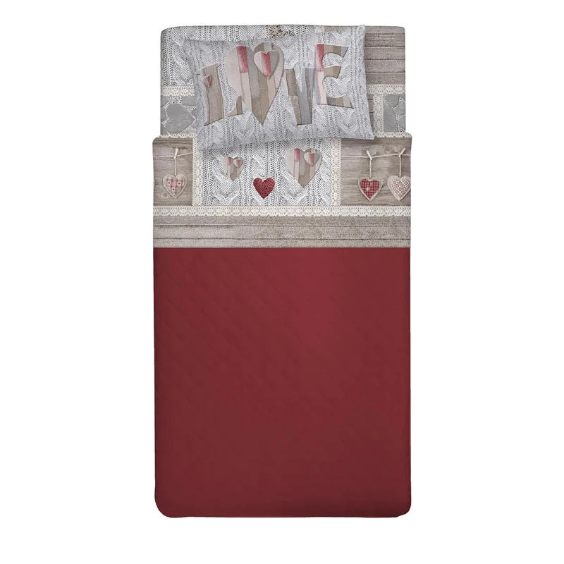 PENSIERI DELICATI Single Bed Set, 100% Cotton, Single Bed Sheet Set, 90 x 200 cm, Including Bottom Sheet, Top Sheet and 1 Pillow Case, Made in Italy, Shabby in Love Red Design
