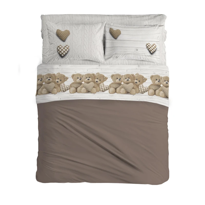 PENSIERI DELICATI Double Bed Set 100% Cotton, Complete Double Bed Sheet Set 180 x 200 cm, Including Bottom Sheet, Top Sheet and 2 Pillowcases, Made in Italy, Beige Bears Design