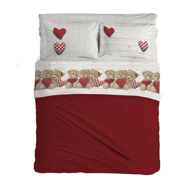 PENSIERI DELICATI Double Bed Set 100% Cotton, Complete Double Bed Sheet Set, 180 x 200 cm, Including Bottom Sheet, Top and 2 Pillowcases, Made in Italy, Red Bears Design