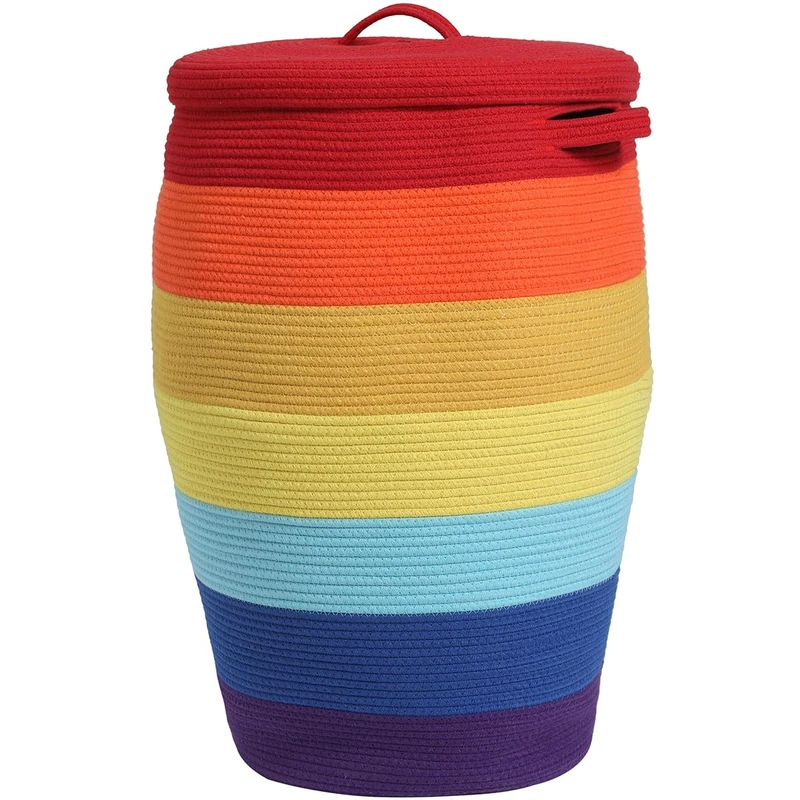 Large Handmade Cotton Rope Laundry Basket with Lid, Elegant Flag Shape with Lid, Clothes Basket with Top, for Bedroom and Living Room, Rainbow, 66 x 50.8 cm