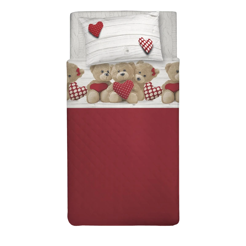PENSIERI DELICATI Single Bed Set, 100% Cotton, Single Bed Sheet Set, 90 x 200 cm, Including Bottom Sheet, Top Sheet and 1 Pillow Case, Made in Italy, Red Bears Design