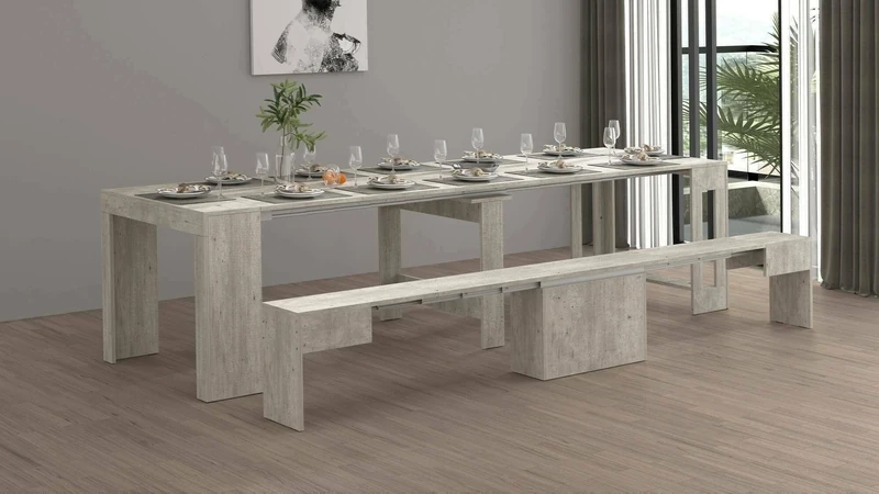 Dmora - Crispin table and chairs set, multi-purpose composition, Set with console and 1 extendable bench, 100% Made in Italy, 66 x 25 x 45 cm, concrete