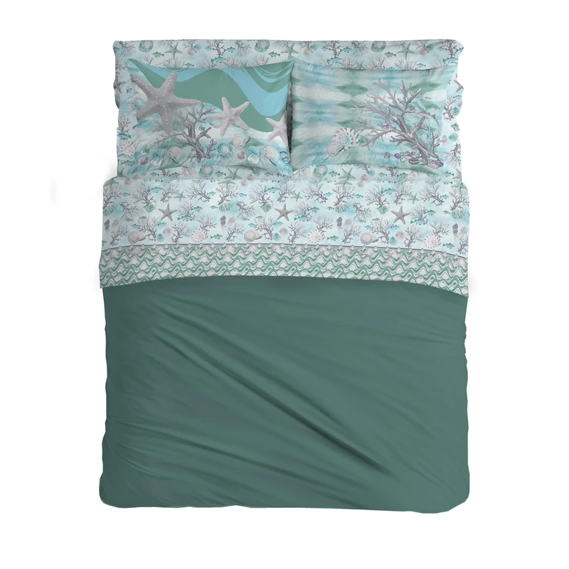 PENSIERI DELICATI Double Bed Set 100% Cotton, Double Bed Sheet Set, 180 x 200 cm, Including Bottom Sheet, Top Sheet and 2 Pillowcases, Made in Italy, Green Navy Pattern
