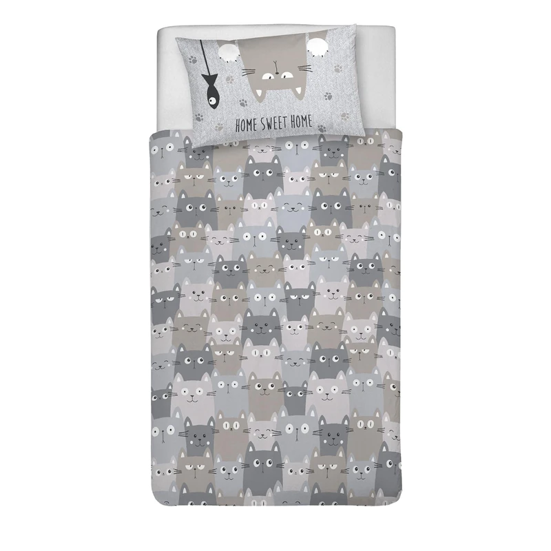 PENSIERI DELICATI 100% Cotton Single Duvet Cover Set, Complete with 1550 x 200 cm Bag and 1 Pillowcase 52 x 82 cm, Made in Italy, Duvet Cover Machine Washable At 40 Degrees, Happycat Grey Pattern