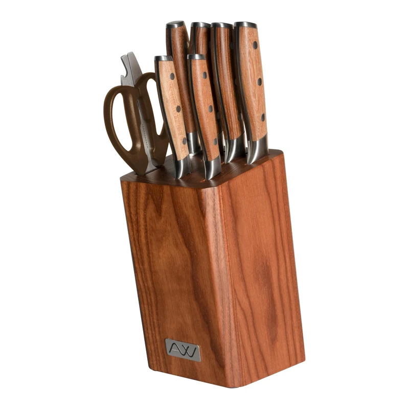 Rockingham Forge Ashwood 8 Piece Wooden Kitchen Knife Block Set with Sharpener & Scissors – Professional Ultra Sharp German Stainless Steel Blades - Durable Full Tang Natural Wood Handle