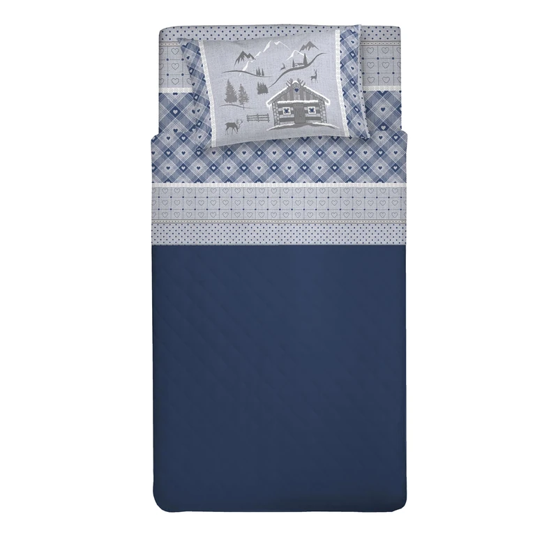 PENSIERI DELICATI 100% Cotton Double Bed Set, 120 x 200 cm, Includes Bottom Sheet, Top and 1 Pillowcase, Made in Italy, Blue Chalet Design