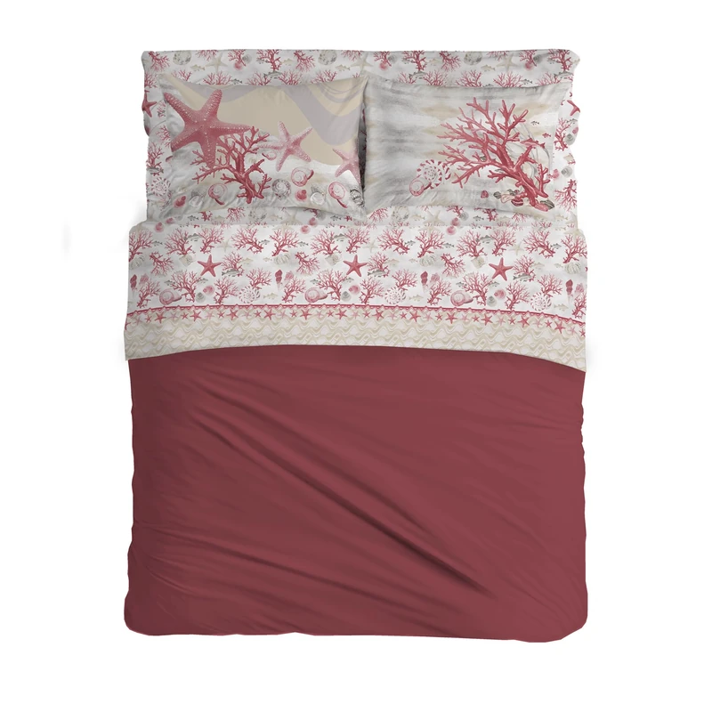 PENSIERI DELICATI Double Bed Set 100% Cotton, Double Bed Sheet Set, 180 x 200 cm, Including Bottom Sheet, Top and 2 Pillowcases, Made in Italy, Red Navy Pattern
