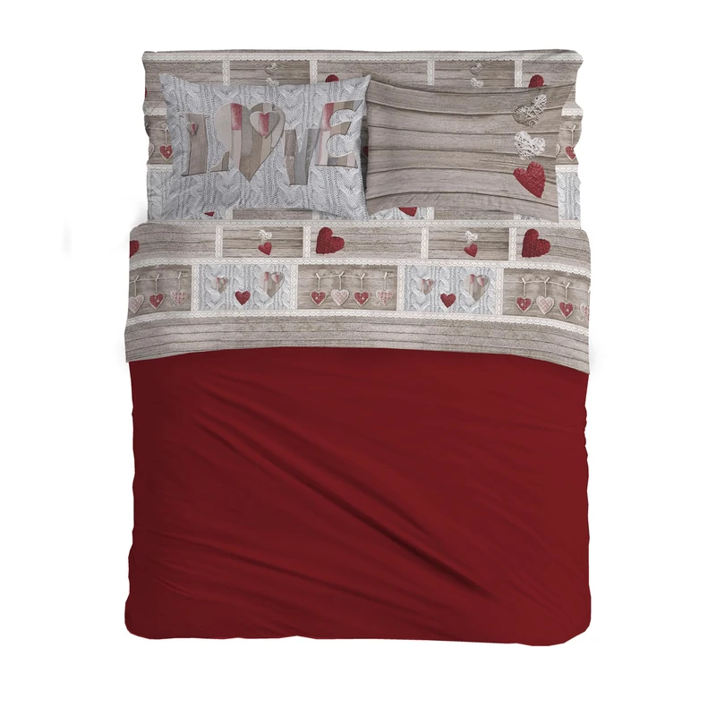 PENSIERI DELICATI Double Bed Set 100% Cotton, Double Bed Sheet Set, 180 x 200 cm, Including Bottom Sheet, Top and 2 Pillowcases, Made in Italy, Shabby in Love Red Design