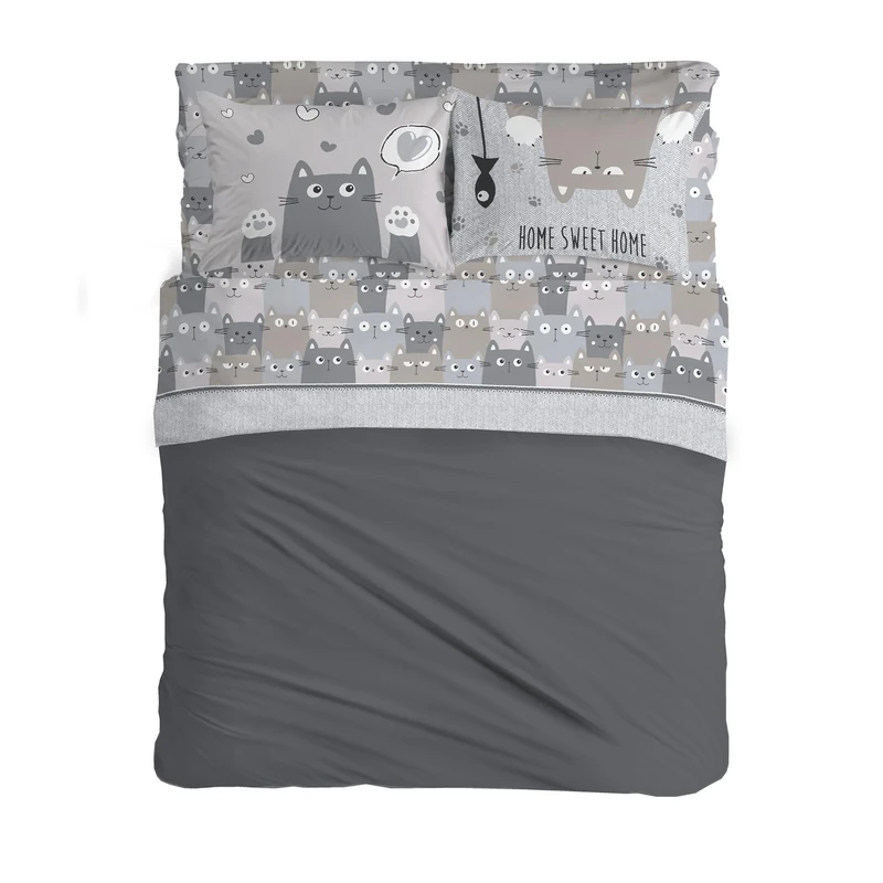 PENSIERI DELICATI Double Bed Set 100% Cotton, Complete Double Bed Sheet Set, 180 x 200 cm, Including Bottom Sheet, Top Sheet and 2 Pillowcases, Made in Italy, Happycat Grey Pattern