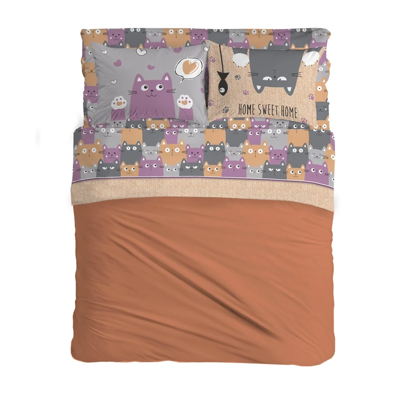 PENSIERI DELICATI Double Bed Set 100% Cotton, Complete Double Bed Sheet Set, 180 x 200 cm, Including Bottom Sheet, Top Sheet and 2 Pillowcases, Made in Italy, Happycat Orange Pattern