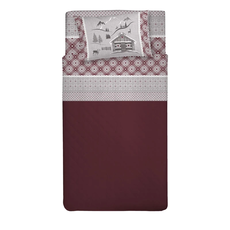 PENSIERI DELICATI Single Bed Set, 100% Cotton, Single Bed Sheet Set, 90 x 200 cm, Including Bottom Sheet, Top Sheet and 1 Pillow Case, Made in Italy, Red Chalet Design