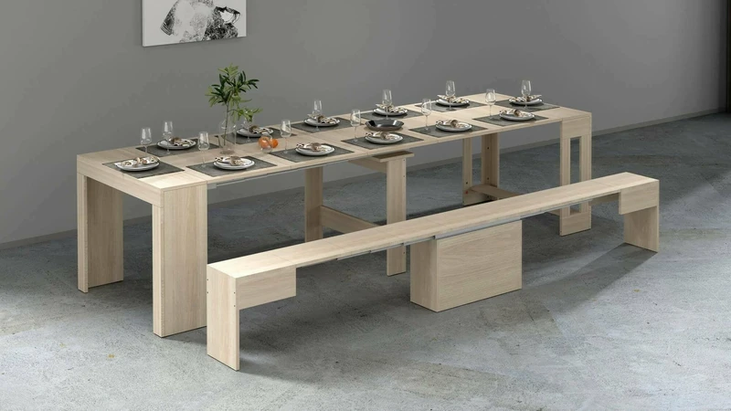 Dmora Crispin Table and Chairs, Multipurpose Composition, Set with Console and 1 Extendable Bench, 100% Made in Italy, 66 x 25 x 45 cm, Elm