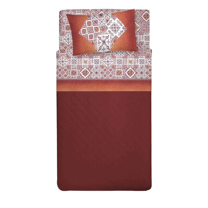 PENSIERI DELICATI Single Bed Set, 100% Cotton, Single Bed Sheet Set, 90 x 200 cm, Including Bottom Sheet, Top Sheet and 1 Pillow Case, Made in Italy, Red Majolica Pattern
