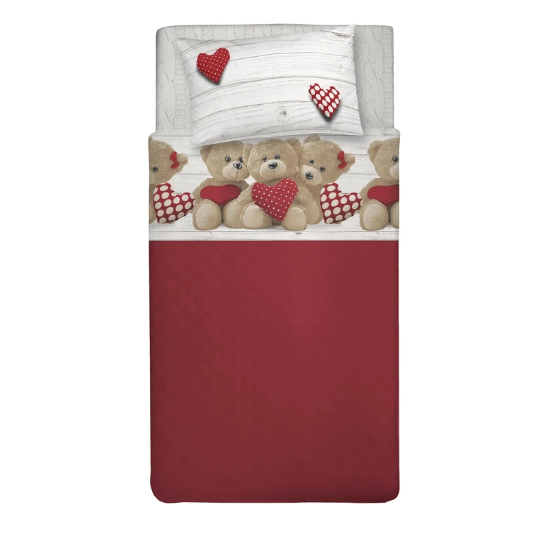 PENSIERI DELICATI 100% Cotton Double Bed Set, 120 x 200 cm, Complete with Bottom Sheet, Top and 1 Pillowcase, Made in Italy, Red Bears Design