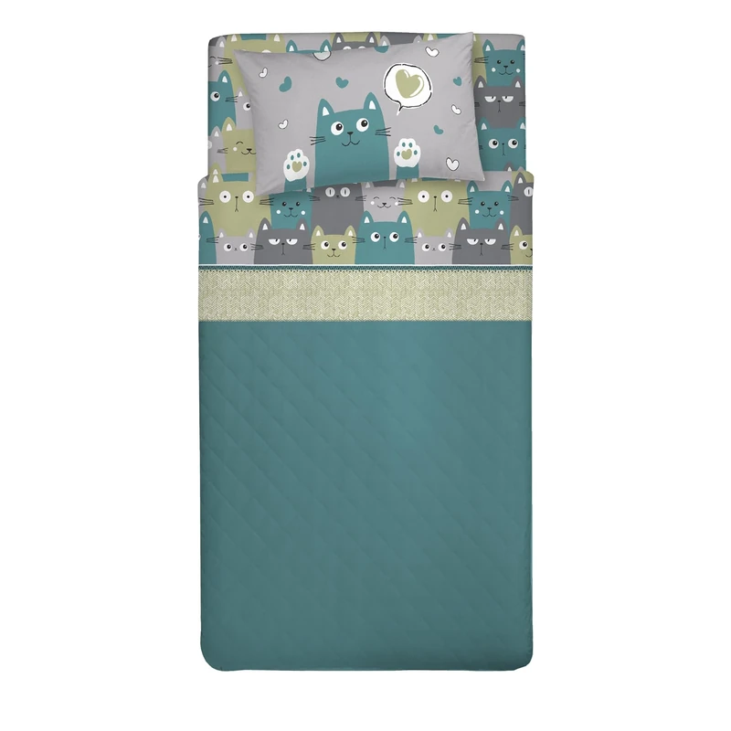 PENSIERI DELICATI 100% Cotton Double Bed Set, 120 x 200 cm, Including Bottom Sheet, Top and 1 Pillowcase, Made in Italy, Happycat Green Design