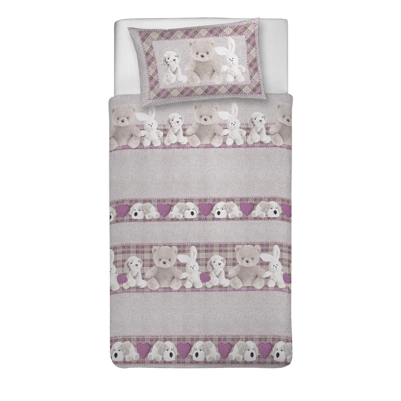 PENSIERI DELICATI Single Duvet Cover Set, 100% Cotton, Complete with 1550 x 200 cm Bag and 1 Pillowcase 52 x 82 cm, Made in Italy, Duvet Cover Machine Washable At 40 Degrees, Pink Plush Pattern