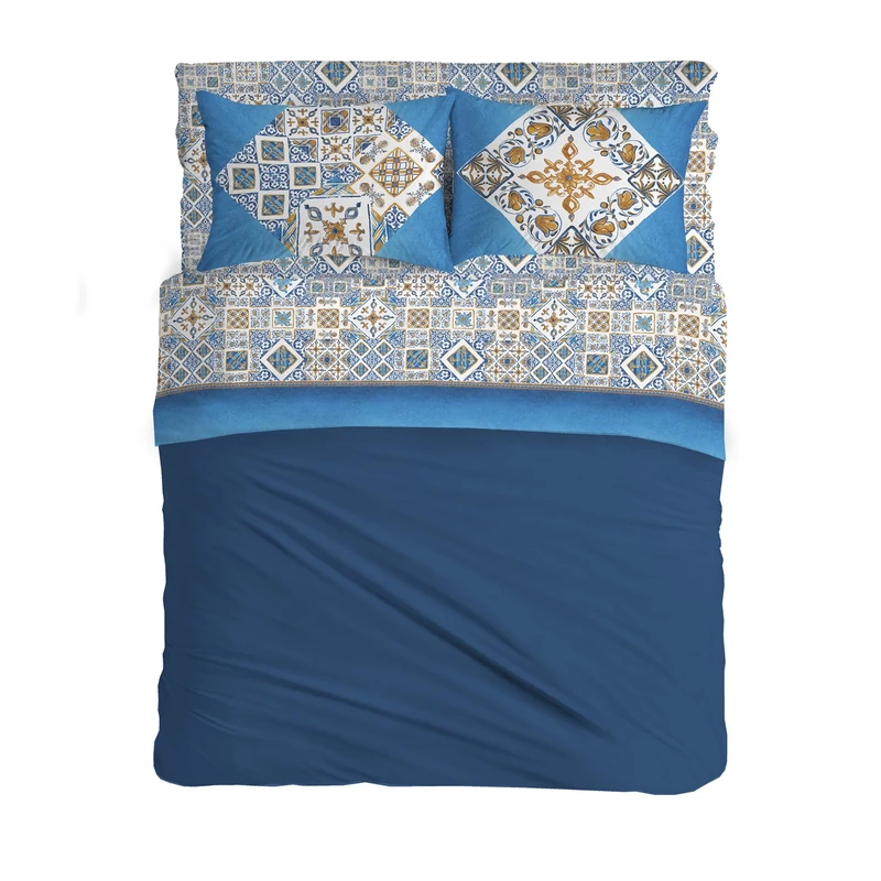 PENSIERI DELICATI Double Bed Set 100% Cotton, Complete Double Bed Sheet Set 180 x 200 cm, Including Bottom Sheet, Top Sheet and 2 Pillowcases, Made in Italy, Blue Majolica Pattern
